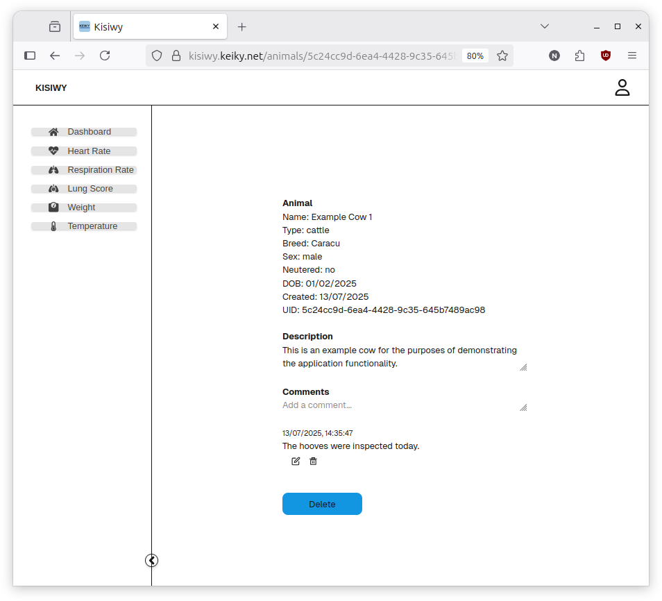 Screenshot of an animal information page